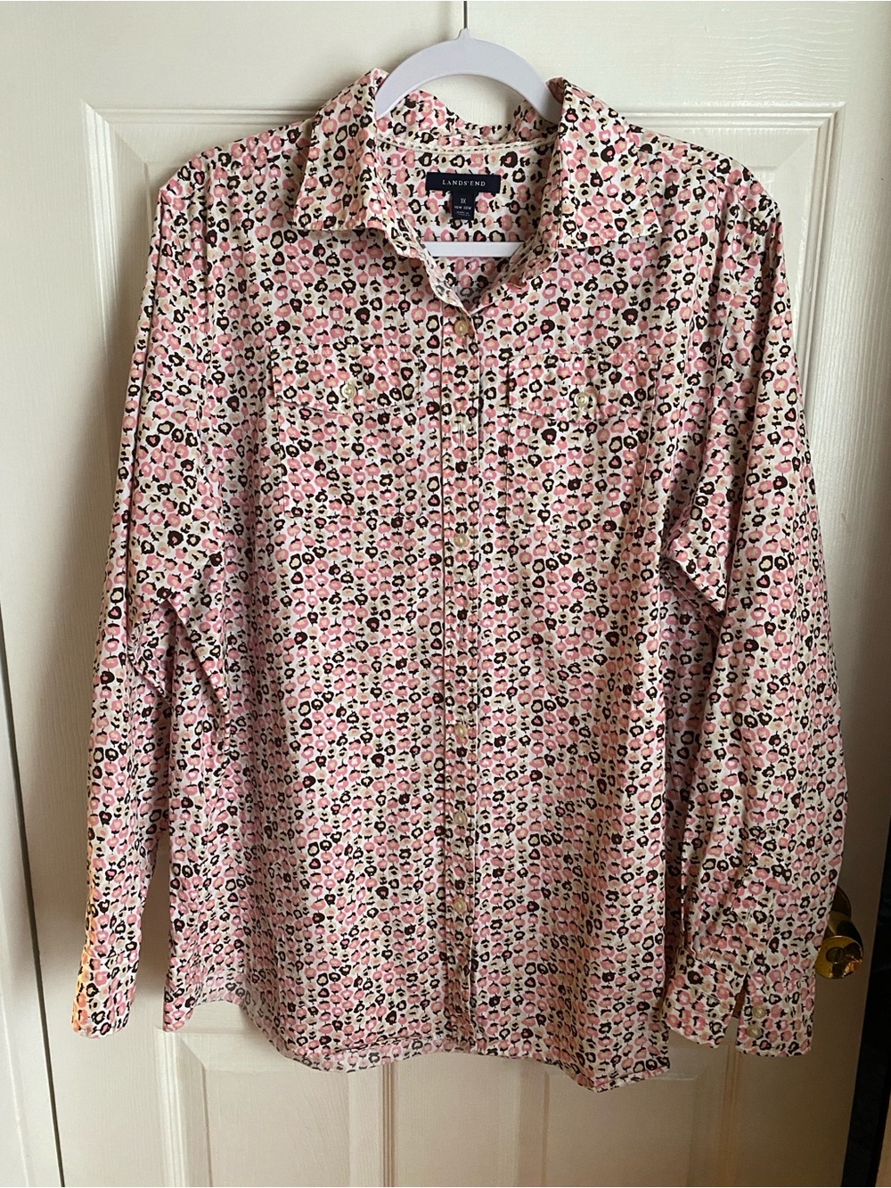 Lands’ End Cream Pink & Brown Retro Floral Cotton Button Down Shirt 1X